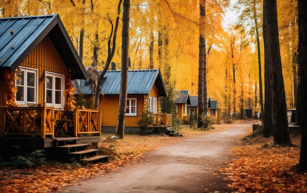 Eine kleine Holzhütte, die in einem üppigen Wald zwischen hohen Bäumen liegt