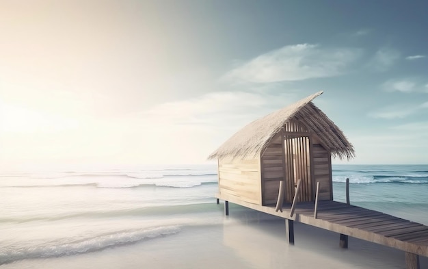 Eine kleine Hütte auf einem Pier am Strand