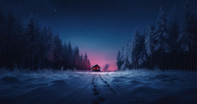 Foto eine kleine hütte ist nachts in der nähe von bäumen im schnee