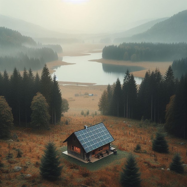 Eine kleine Hütte mit Solarpanelen auf dem Dach steht allein in einem offenen Feld, umgeben von einem dichten