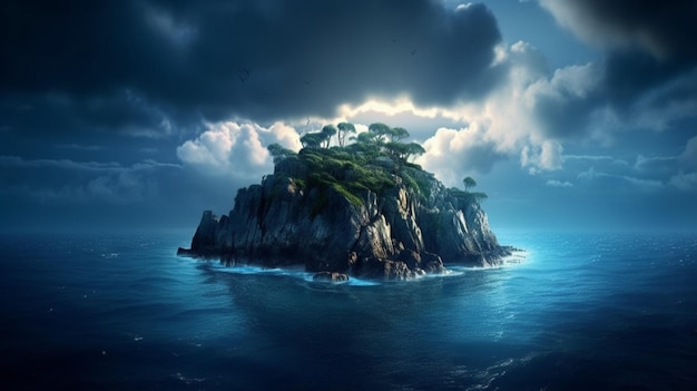 Eine kleine Insel im Meer mit bewölktem Himmel