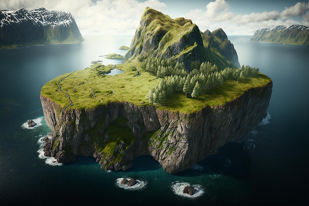 Eine kleine Insel mit einem Berg im Hintergrund