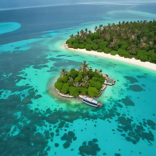 eine kleine Insel mit einem Boot auf dem Wasser und Palmen auf der Insel