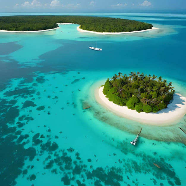 eine kleine Insel mit einem Boot und Palmen auf dem Wasser