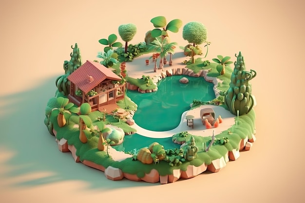 Eine kleine Insel mit einem Haus und einem Teich.