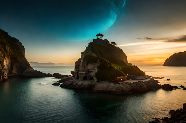 Eine kleine Insel mit einem Leuchtturm darauf, hinter dem die Sonne untergeht