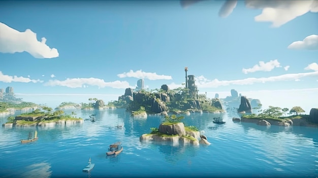 Eine kleine Insel mit einem Leuchtturm darauf und einem Boot im Wasser.