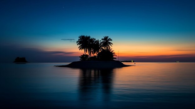 Eine kleine Insel mit Palmen mitten im Meer bei Sonnenuntergang.