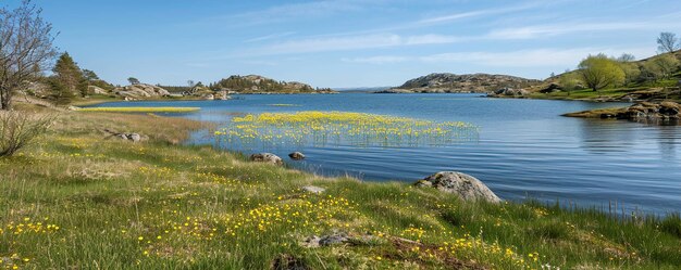 eine kleine Insel mit wilden Blumen und einem See im Hintergrund