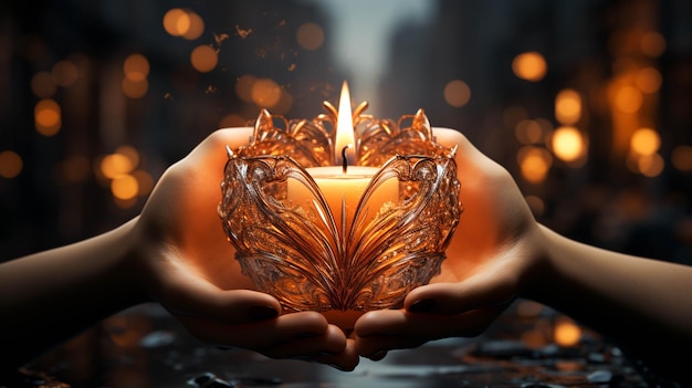 Eine kleine Kerze, die von menschlichen Händen wie ein Herz gehalten wird