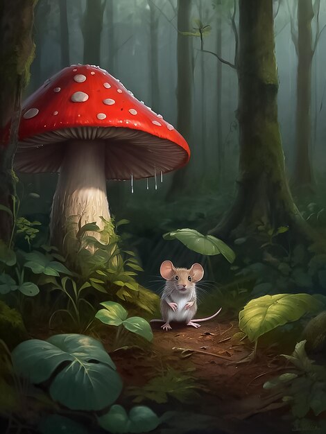 Eine kleine Maus befindet sich im Regen im Wald und schützt sich unter einem großen roten Pilz.