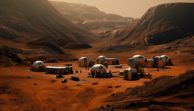 Eine kleine menschliche Siedlung auf einem Mars-ähnlichen Planeten Kolonisierungskonzept Generative ai