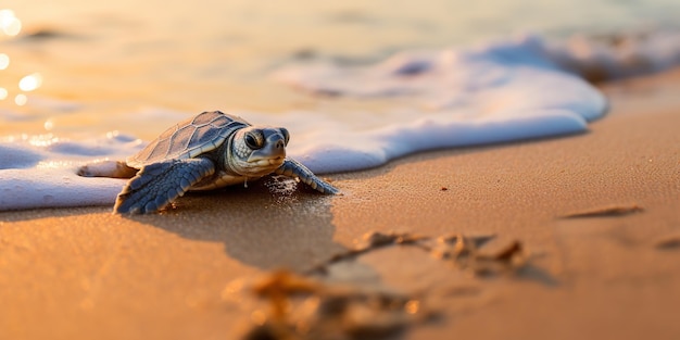 Eine kleine neugeborene Schildkröte kriecht am Sand an einem sonnigen Tag am Ufer zum Meer.