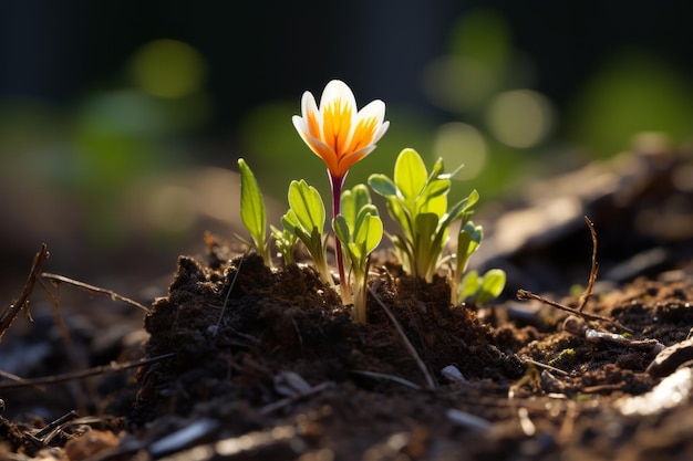 Eine kleine orange-weiße Blume wächst aus dem Boden