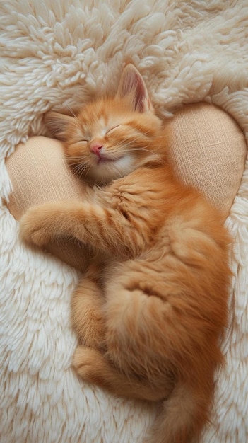 eine kleine orangefarbene Katze schläft auf einer weißen Decke