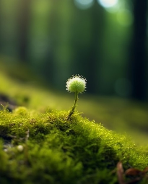 Foto eine kleine pflanze mit grünem hintergrund, durch die die sonne scheint.