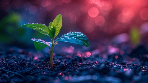 Foto eine kleine pflanze mit wassertropfen und einem verschwommenen hintergrund