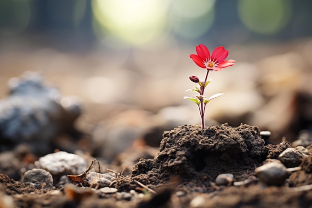 Eine kleine rote Blume wächst aus dem Boden