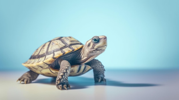 Eine kleine Schildkröte auf blauem Hintergrund