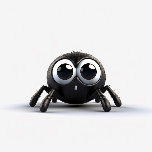 Eine kleine schwarze Spinne mit großen Augen sitzt auf einer weißen Fläche.