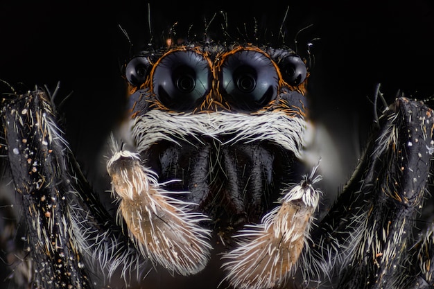 Eine kleine springende Spinne, ein überragendes Makro mit einem Mikroskopobjektiv.
