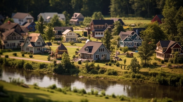 Eine kleine Stadt mit einem Fluss im Vordergrund und einem Haus auf der rechten Seite.