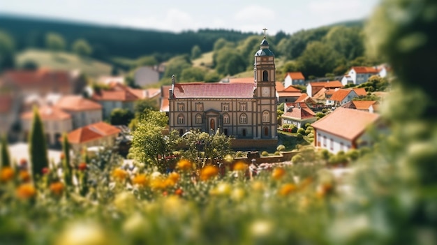 Eine kleine Stadt mit einer Kirche im Vordergrund