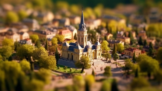 Eine kleine Stadt mit einer Kirche im Zentrum