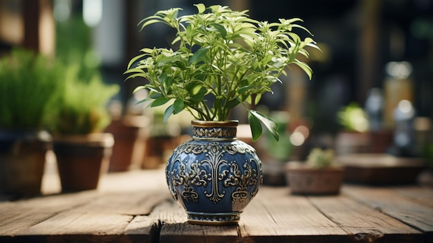 Eine kleine Topfpflanze in einer kunstvollen Vase verleiht der Umgebung Schönheit