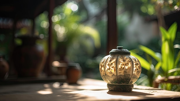 Eine kleine Vase auf einem Tisch in einem tropischen Garten