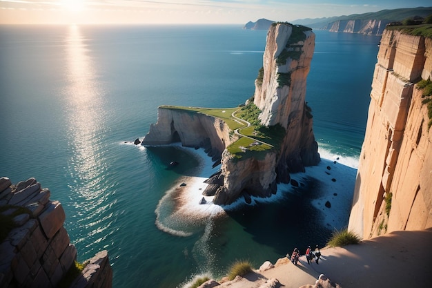 Eine Klippe im Meer mit einem Leuchtturm auf der Spitze.