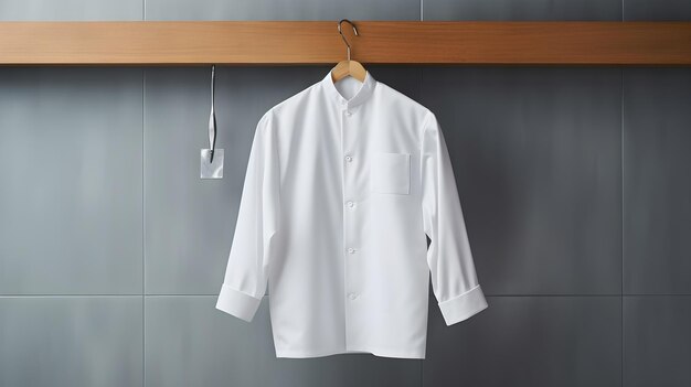 Eine knackige weiße Kochjacke hängt ordentlich an einem Edelstahl-Küchenhaken