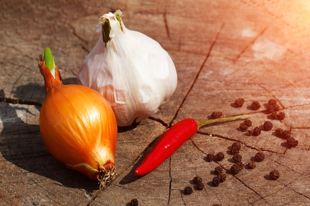 Eine Knoblauchzwiebel und rote Paprika auf einem gebrochenen Holzstumpf