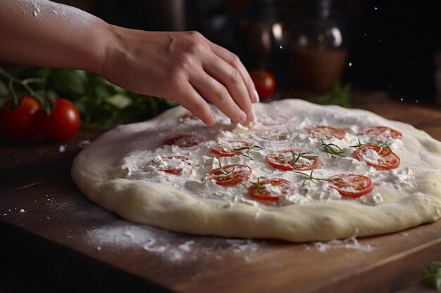 Foto eine kochfrau macht eine pizza auf einem holztisch