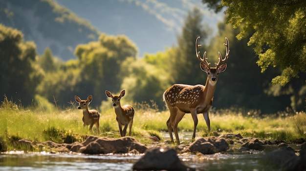 Eine königliche Hirschherde steht friedlich am fließenden Fluss in der ruhigen Wildnis