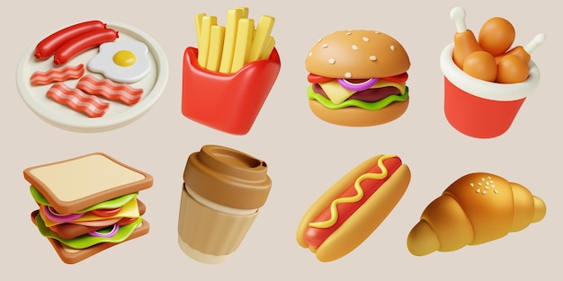 Eine köstliche Auswahl an Fastfood, darunter Burger, Pommes, Hotdogs und mehr 3D-Rendering