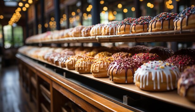 Eine köstliche Auswahl an Gourmet-Kuchen in einer von KI generierten Bäckerei