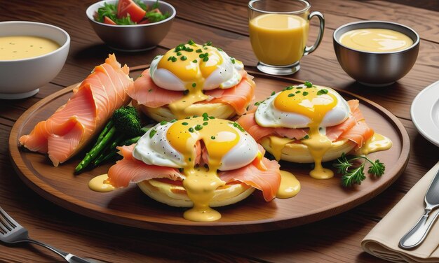 Foto eine köstliche eier benedikt mit geräuchertem lachs hollandaise-sauce auf einem holztisch