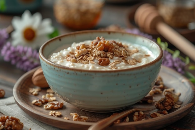 Eine köstliche Frühstücksschüssel mit cremigem Joghurt, knusprigen Walnüssen und süßem Honig