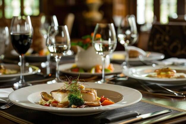 Eine köstliche Gourmetmahlzeit, die auf einem wunderschön aufgestellten Tisch serviert wird