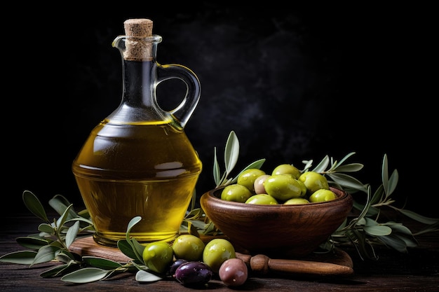Eine köstliche Kombination aus Olivenöl und Oliven, die sich perfekt zur Verfeinerung Ihrer Mahlzeiten eignet. Olivenölflasche und Oliven und Blätter auf dunklem Hintergrund, KI-generiert