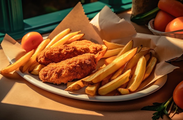 Eine köstliche Mahlzeit mit Burger-Hähnchen und Pommes Frites