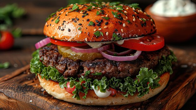 Eine köstliche Nahaufnahme eines veganen Burgers mit Salat, Tomaten, Zwiebeln und Gurken