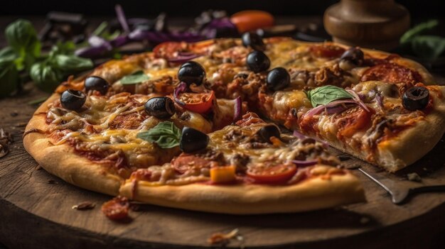 Eine köstliche Pizza auf einem Holzbrett mit schwarzem Hintergrund