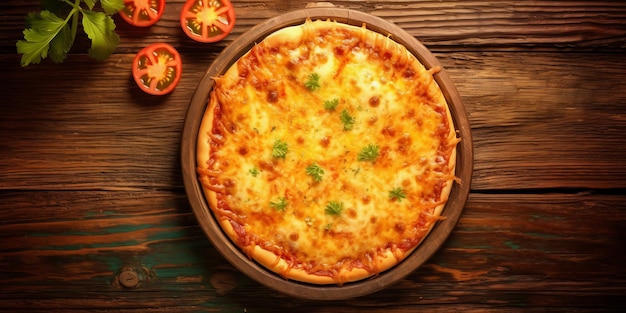 Eine köstliche Pizza auf einem rustikalen Holztisch