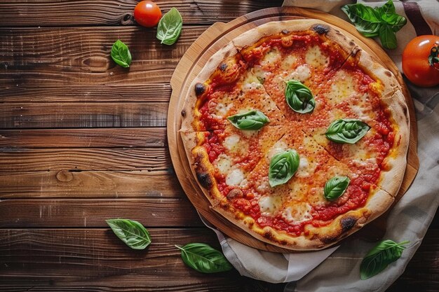 Eine köstliche Pizza mit Basilikum- und Tomatensauce auf einem Holztisch