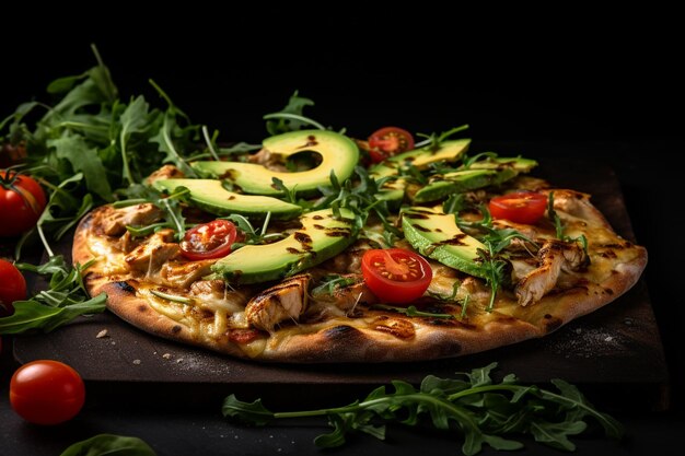 Eine köstliche Pizza mit gegrilltem Hühnchen, Avocado und Rucola