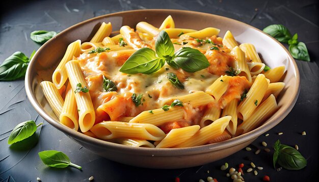 eine köstliche Portion Penne-Pasta mit cremiger Soße, die mit frischen Basilikablättern geschmückt ist