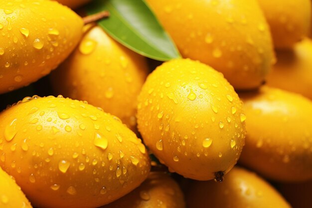Eine köstliche reife gelbe Mango mit grünem Blatt