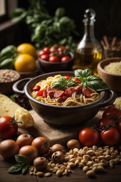 Eine köstliche Schüssel Nudeln mit frischen Tomaten und Basilikum